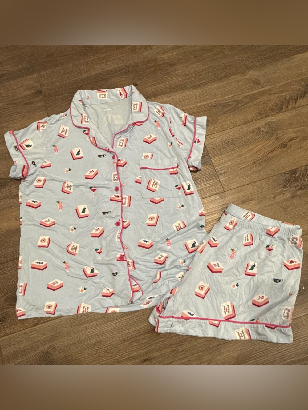 Kyte Light Blue Women’s Bamboo Pajama Set, Mahjong Print